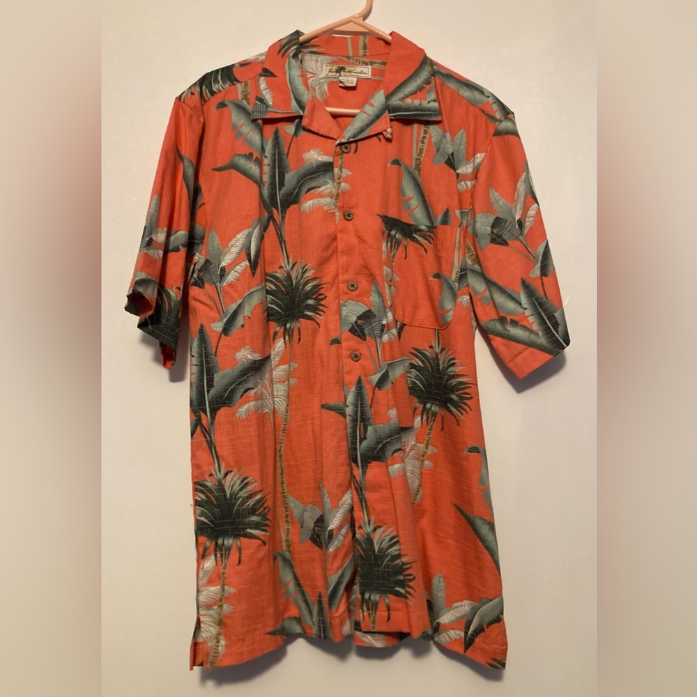 Joe Marlin SZ L vibrant Coral and Green Hawaiian Shirt cotton rayon mix